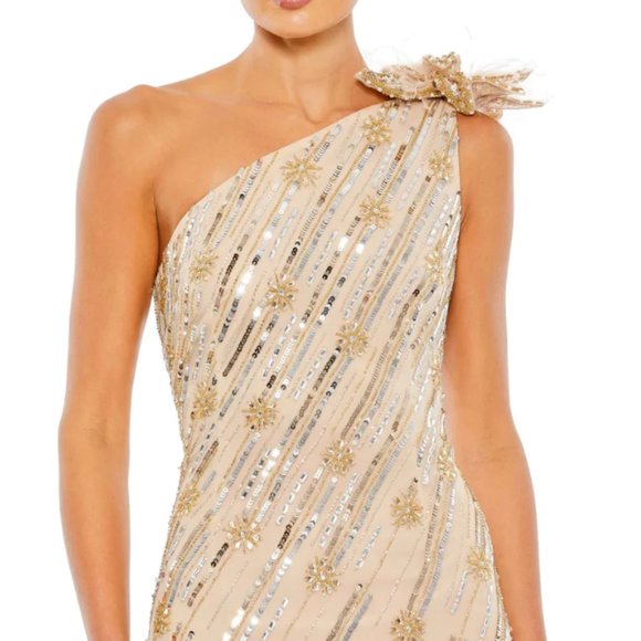 MAC DUGGAL ROSETTE SEQUIN CRYSTAL ONE SHOULDER NUDE GOLD GOWN sz 12 - Picture 4 of 8